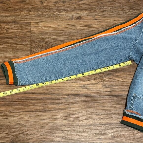 Vintage Fubu Women's Denim Zip Up Jacket with Orange and Green Stripe Accents L - Picture 15 of 16